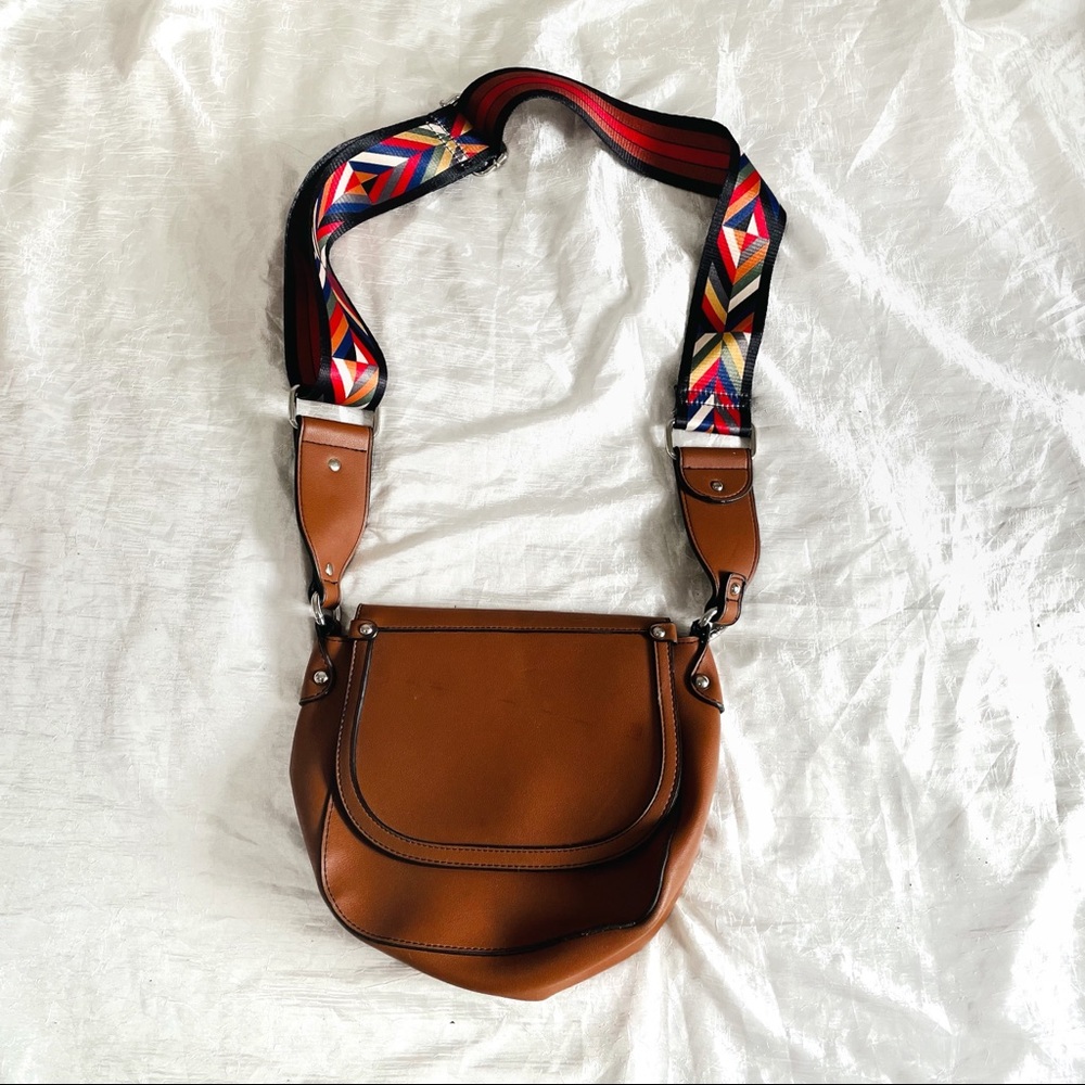 Joanel brown contrast crossbody purse / bag with multicolour strap